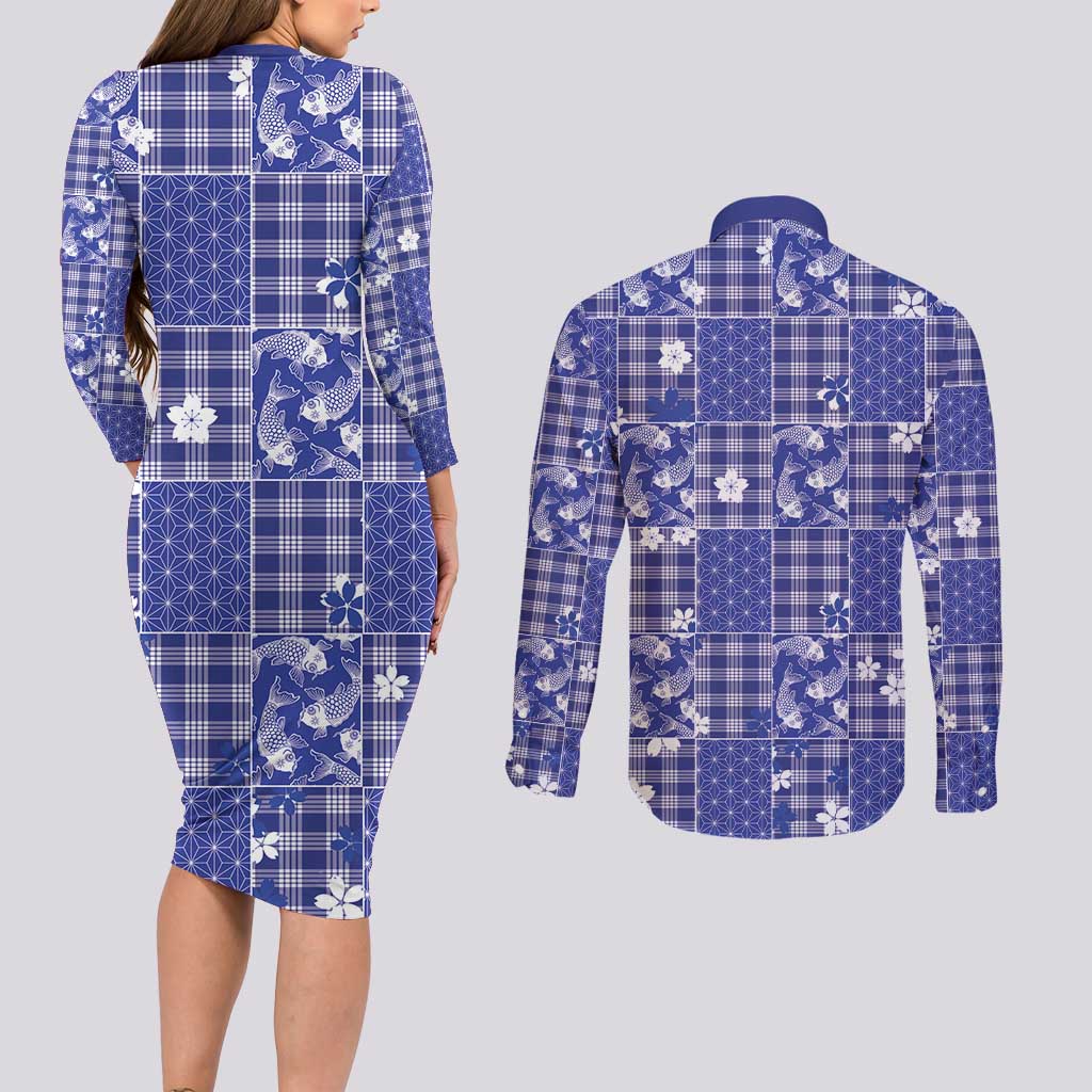 Blue Palaka Japanese Patterns Couples Matching Long Sleeve Bodycon Dress and Long Sleeve Button Shirt Koi Fish Asanoha Sakura Patchwork Stylized LT14 - Polynesian Pride