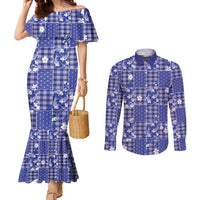 Blue Palaka Japanese Patterns Couples Matching Mermaid Dress and Long Sleeve Button Shirt Koi Fish Asanoha Sakura Patchwork Stylized LT14 Blue - Polynesian Pride
