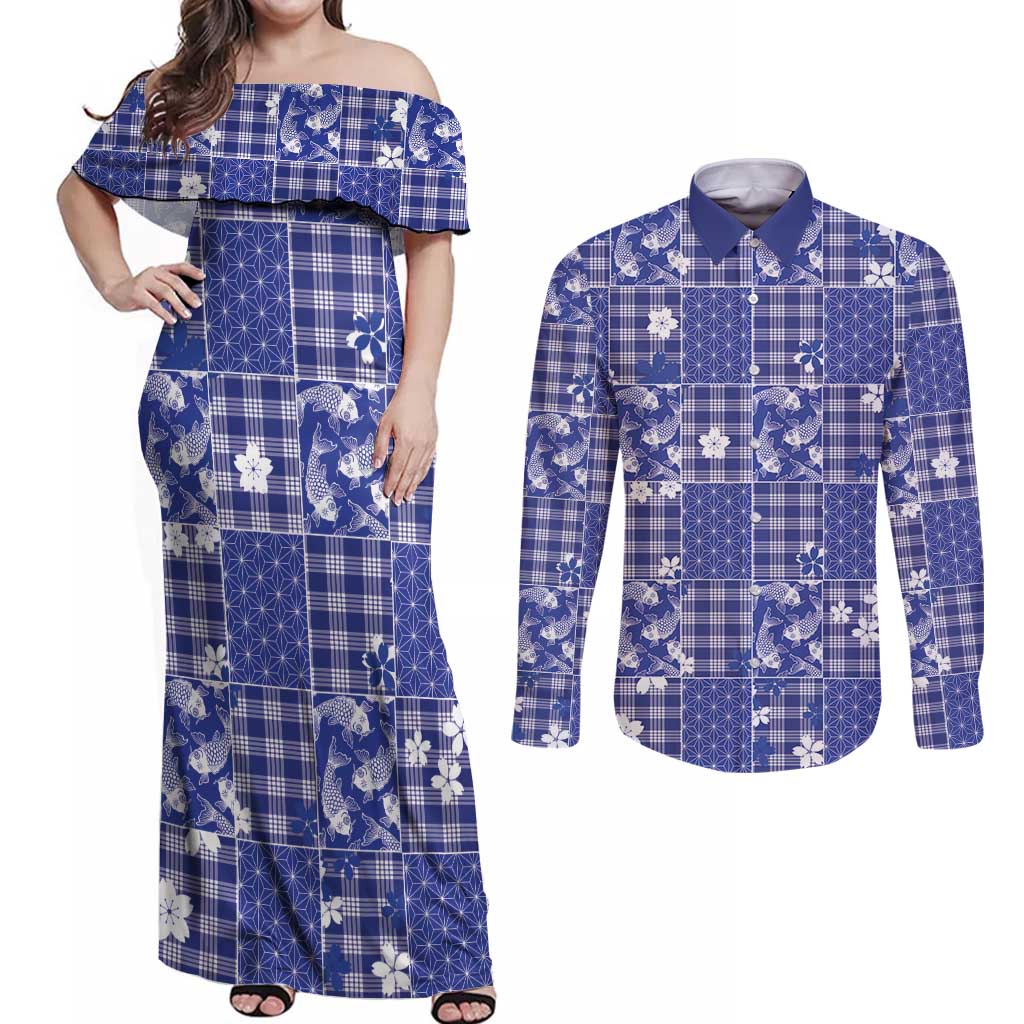 Blue Palaka Japanese Patterns Couples Matching Off Shoulder Maxi Dress and Long Sleeve Button Shirt Koi Fish Asanoha Sakura Patchwork Stylized LT14 Blue - Polynesian Pride