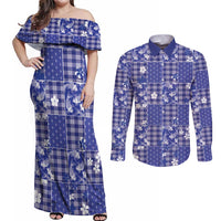 Blue Palaka Japanese Patterns Couples Matching Off Shoulder Maxi Dress and Long Sleeve Button Shirt Koi Fish Asanoha Sakura Patchwork Stylized LT14 Blue - Polynesian Pride