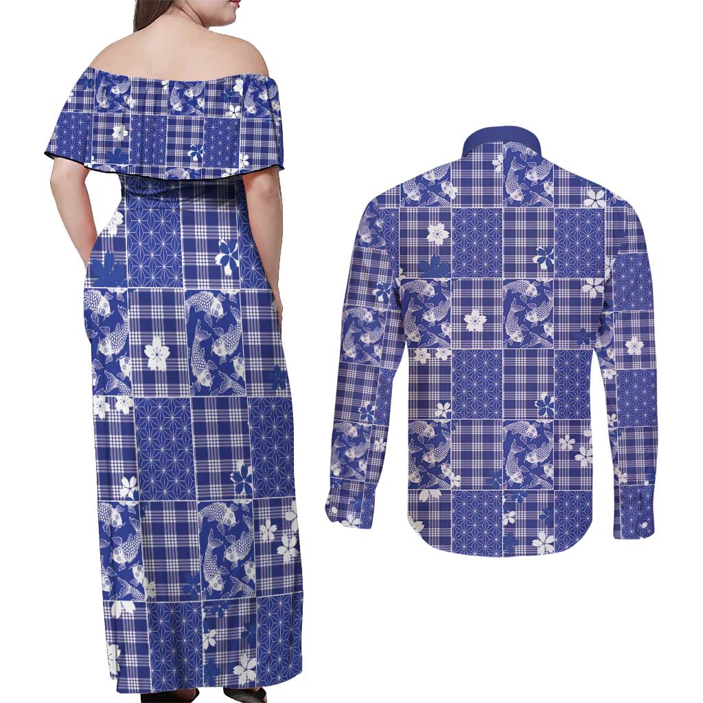 Blue Palaka Japanese Patterns Couples Matching Off Shoulder Maxi Dress and Long Sleeve Button Shirt Koi Fish Asanoha Sakura Patchwork Stylized LT14 - Polynesian Pride