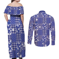 Blue Palaka Japanese Patterns Couples Matching Off Shoulder Maxi Dress and Long Sleeve Button Shirt Koi Fish Asanoha Sakura Patchwork Stylized LT14 - Polynesian Pride