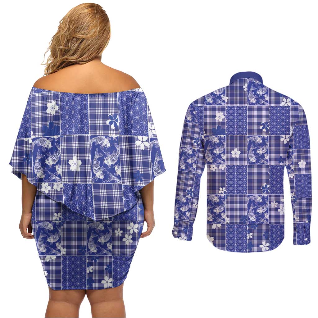 Blue Palaka Japanese Patterns Couples Matching Off Shoulder Short Dress and Long Sleeve Button Shirt Koi Fish Asanoha Sakura Patchwork Stylized LT14 - Polynesian Pride