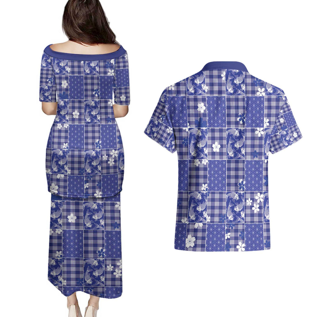 Blue Palaka Japanese Patterns Couples Matching Puletasi and Hawaiian Shirt Koi Fish Asanoha Sakura Patchwork Stylized LT14 - Polynesian Pride