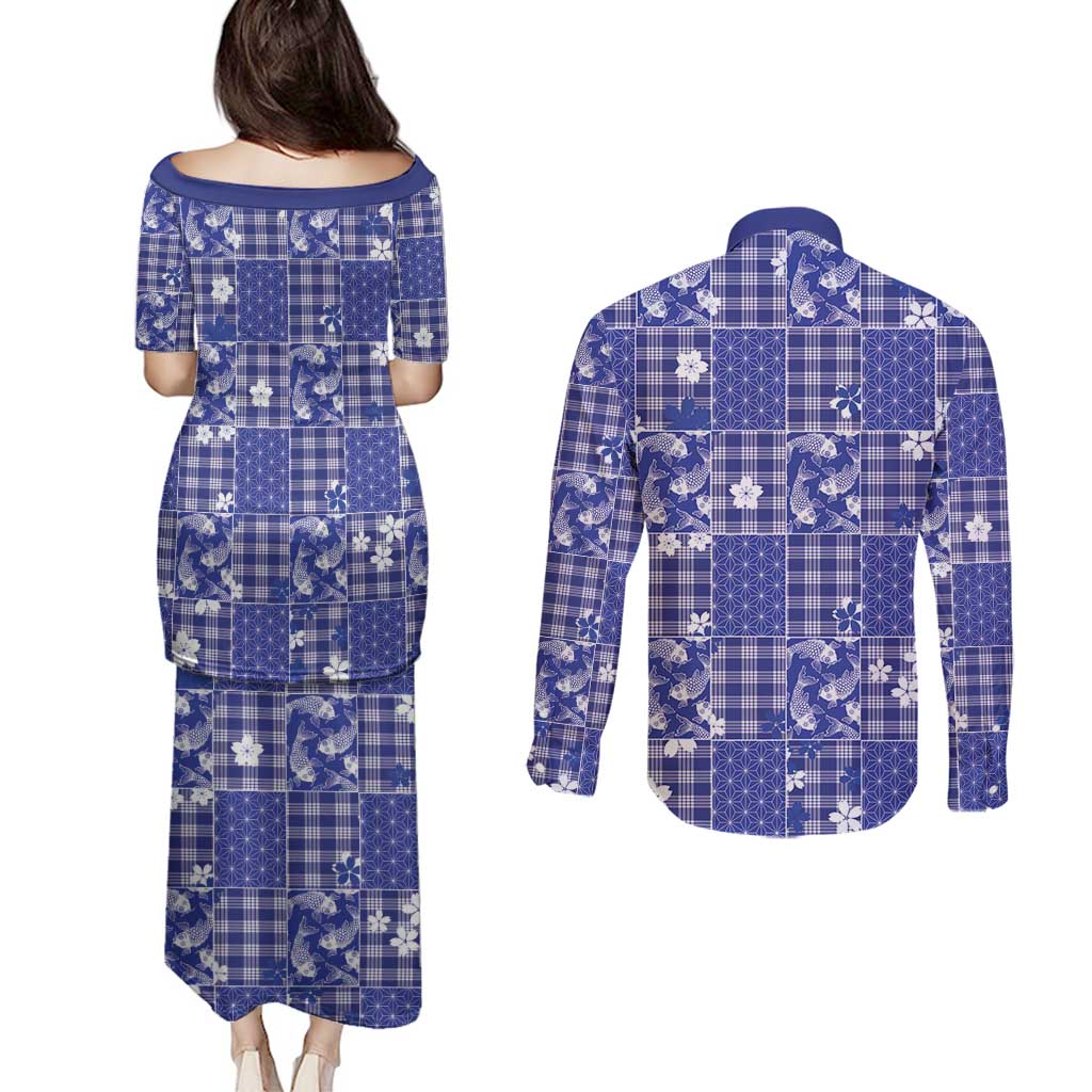 Blue Palaka Japanese Patterns Couples Matching Puletasi and Long Sleeve Button Shirt Koi Fish Asanoha Sakura Patchwork Stylized LT14 - Polynesian Pride