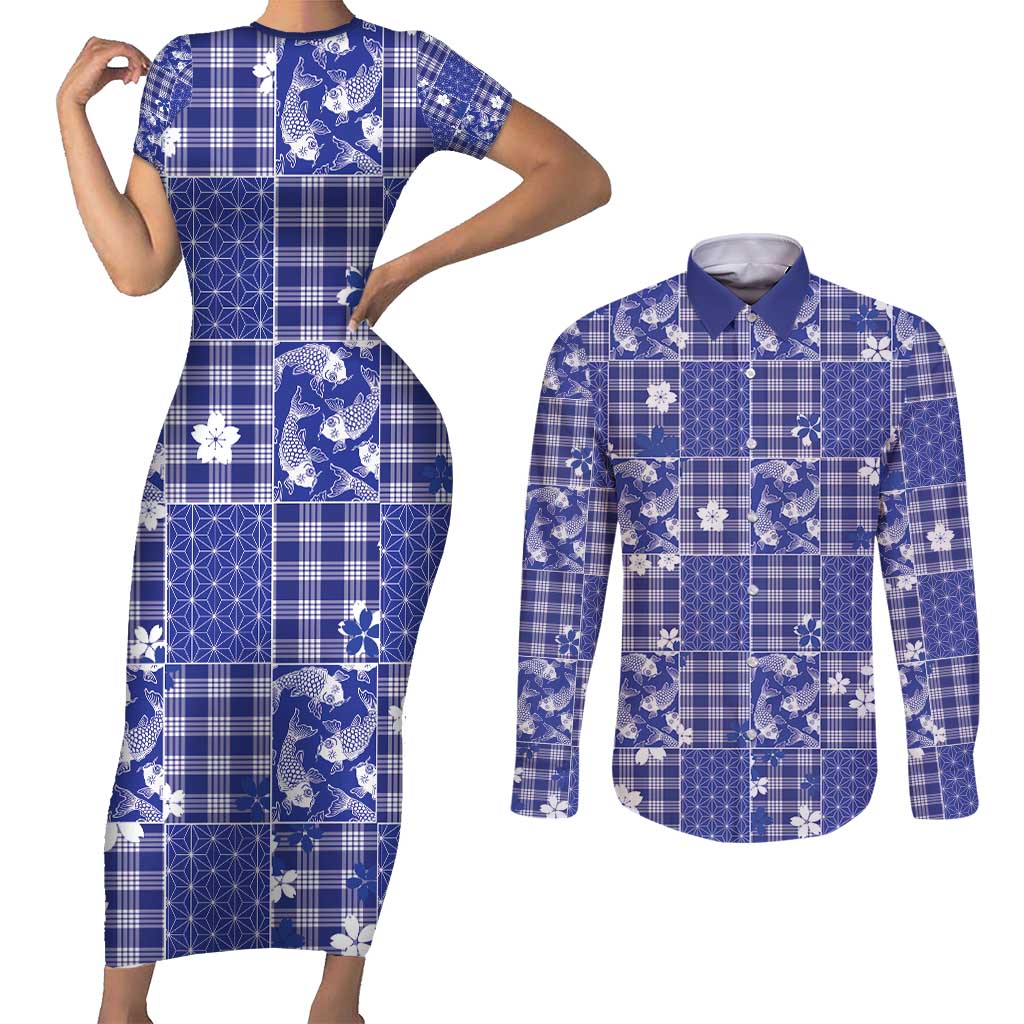 Blue Palaka Japanese Patterns Couples Matching Short Sleeve Bodycon Dress and Long Sleeve Button Shirt Koi Fish Asanoha Sakura Patchwork Stylized LT14 Blue - Polynesian Pride