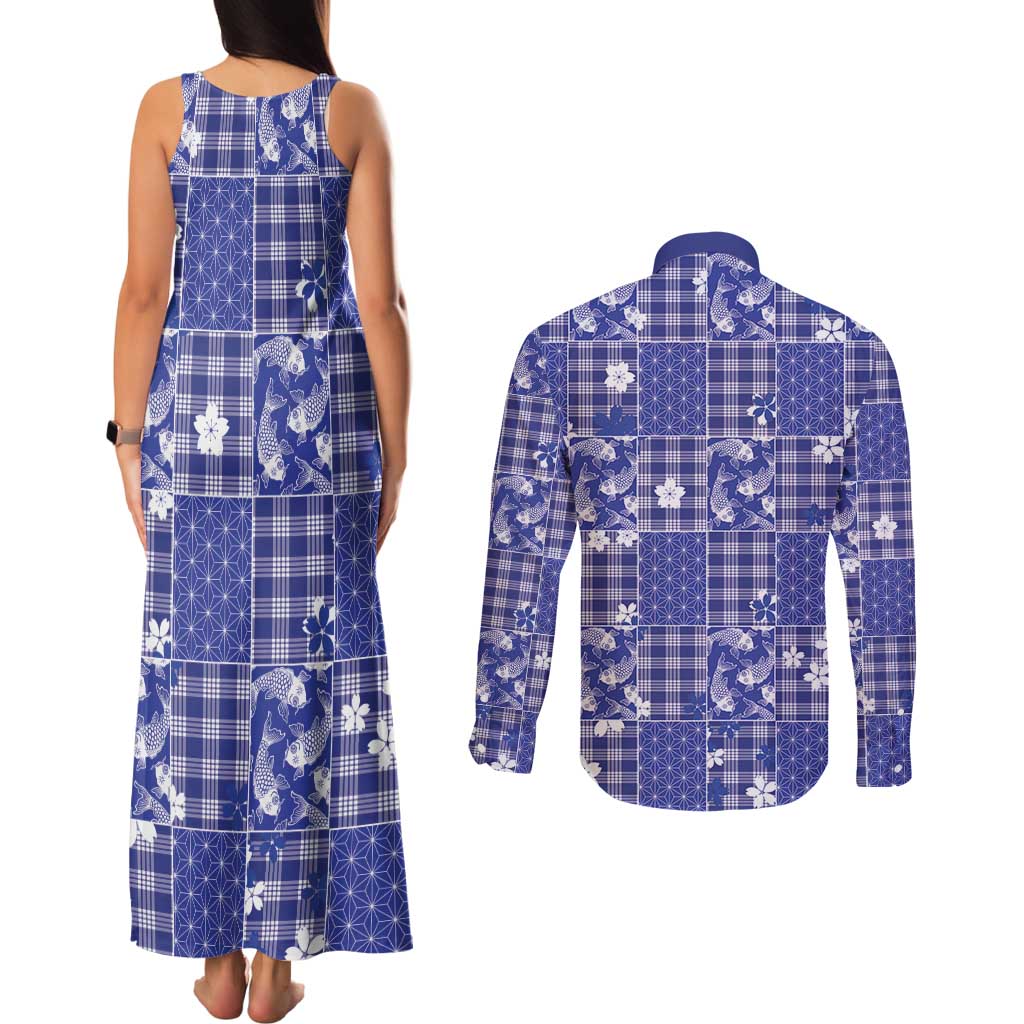 Blue Palaka Japanese Patterns Couples Matching Tank Maxi Dress and Long Sleeve Button Shirt Koi Fish Asanoha Sakura Patchwork Stylized LT14 - Polynesian Pride