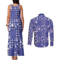 Blue Palaka Japanese Patterns Couples Matching Tank Maxi Dress and Long Sleeve Button Shirt Koi Fish Asanoha Sakura Patchwork Stylized LT14 - Polynesian Pride