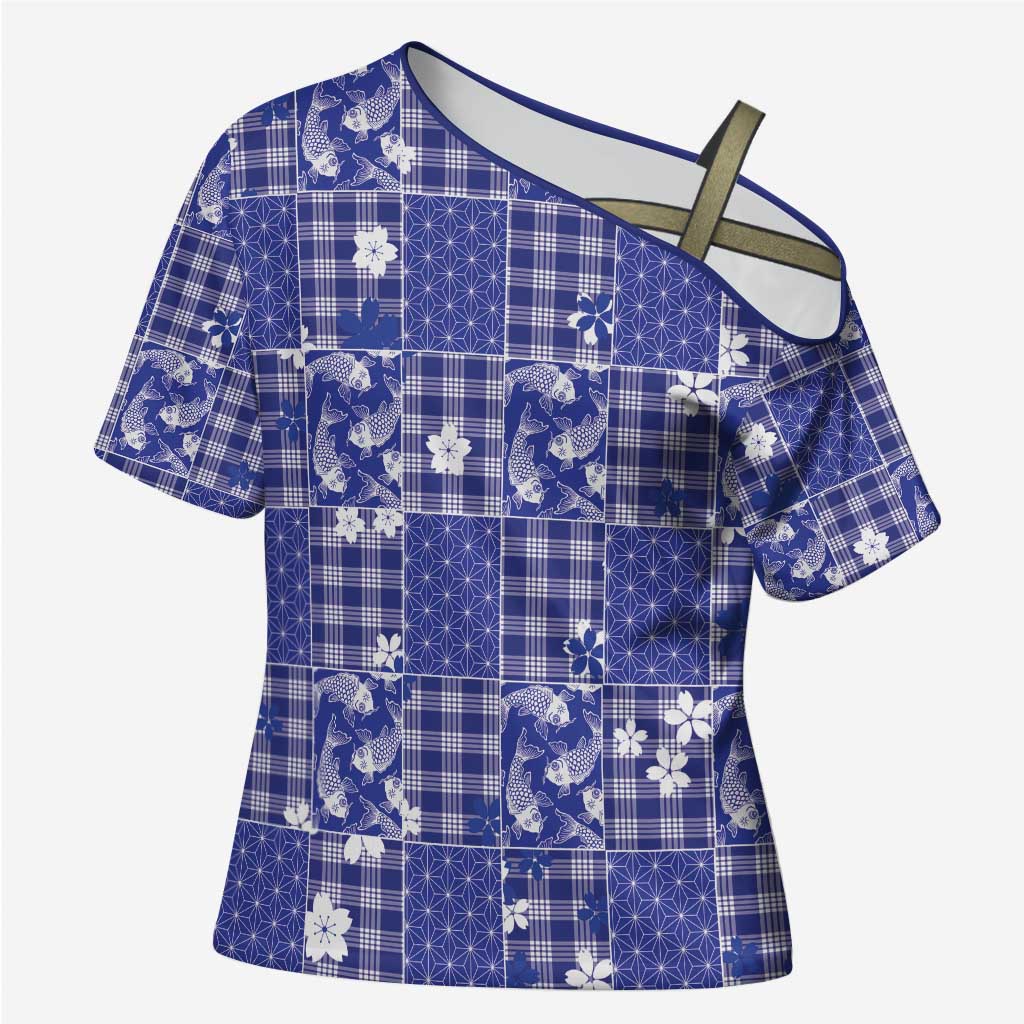 Blue Palaka Japanese Patterns Cross Shoulder Shirt Koi Fish Asanoha Sakura Patchwork Stylized LT14 Female Blue - Polynesian Pride