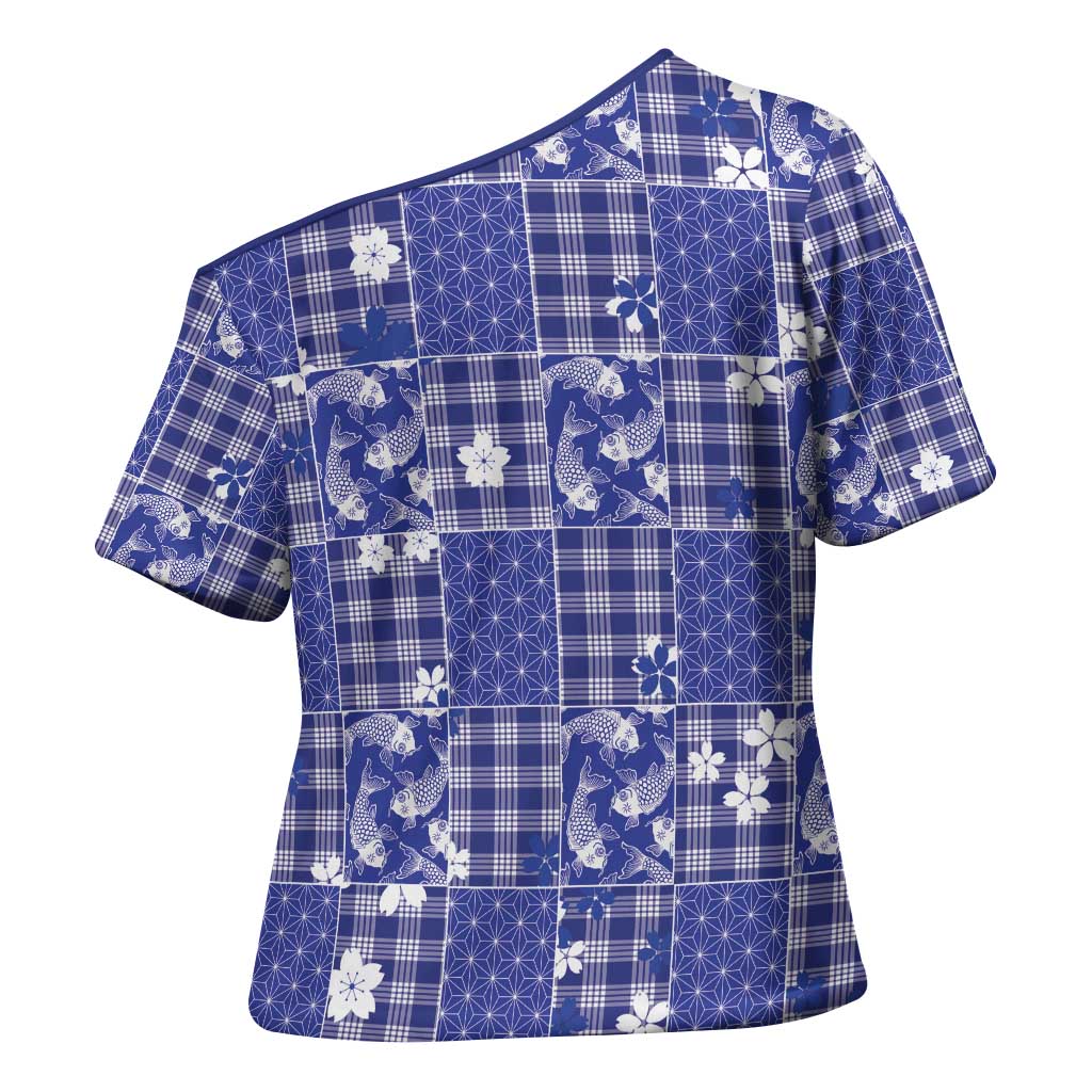 Blue Palaka Japanese Patterns Cross Shoulder Shirt Koi Fish Asanoha Sakura Patchwork Stylized LT14 - Polynesian Pride