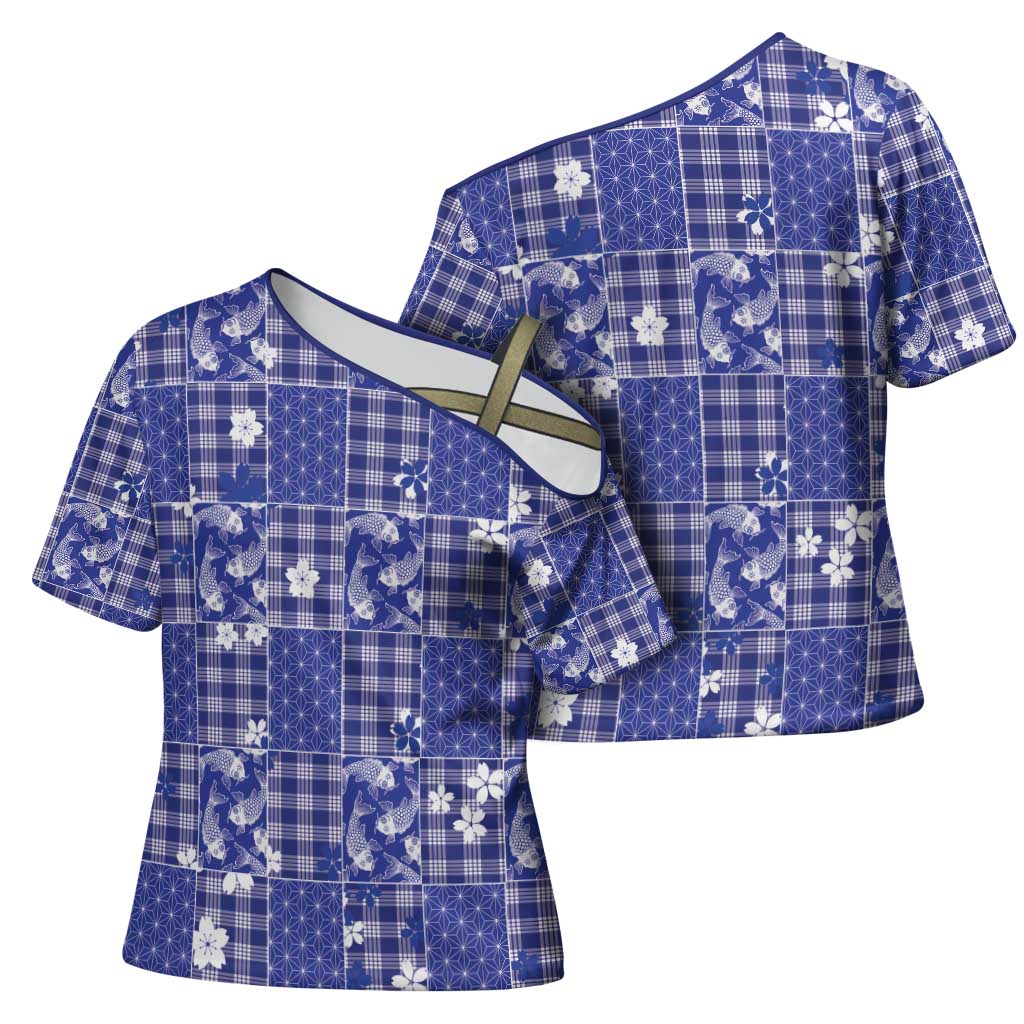 Blue Palaka Japanese Patterns Cross Shoulder Shirt Koi Fish Asanoha Sakura Patchwork Stylized LT14 - Polynesian Pride