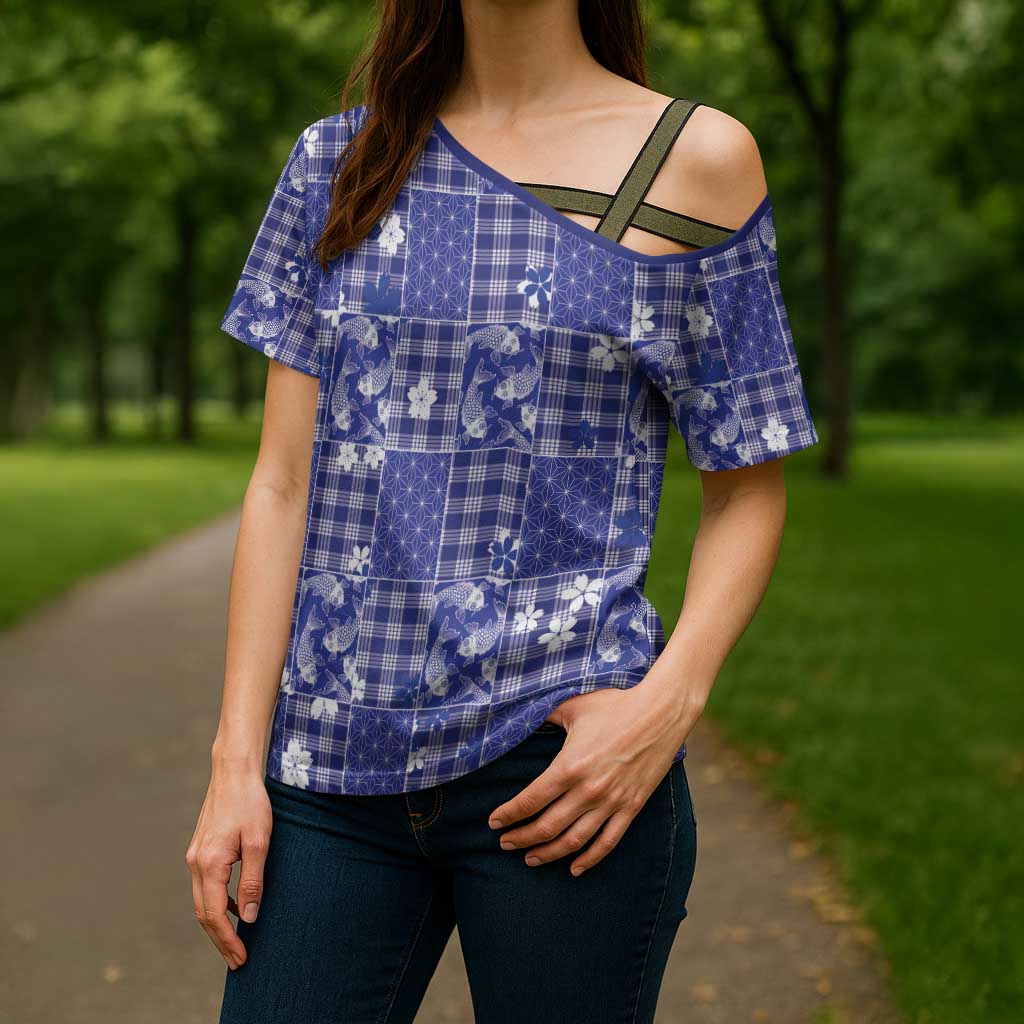 Blue Palaka Japanese Patterns Cross Shoulder Shirt Koi Fish Asanoha Sakura Patchwork Stylized LT14 - Polynesian Pride