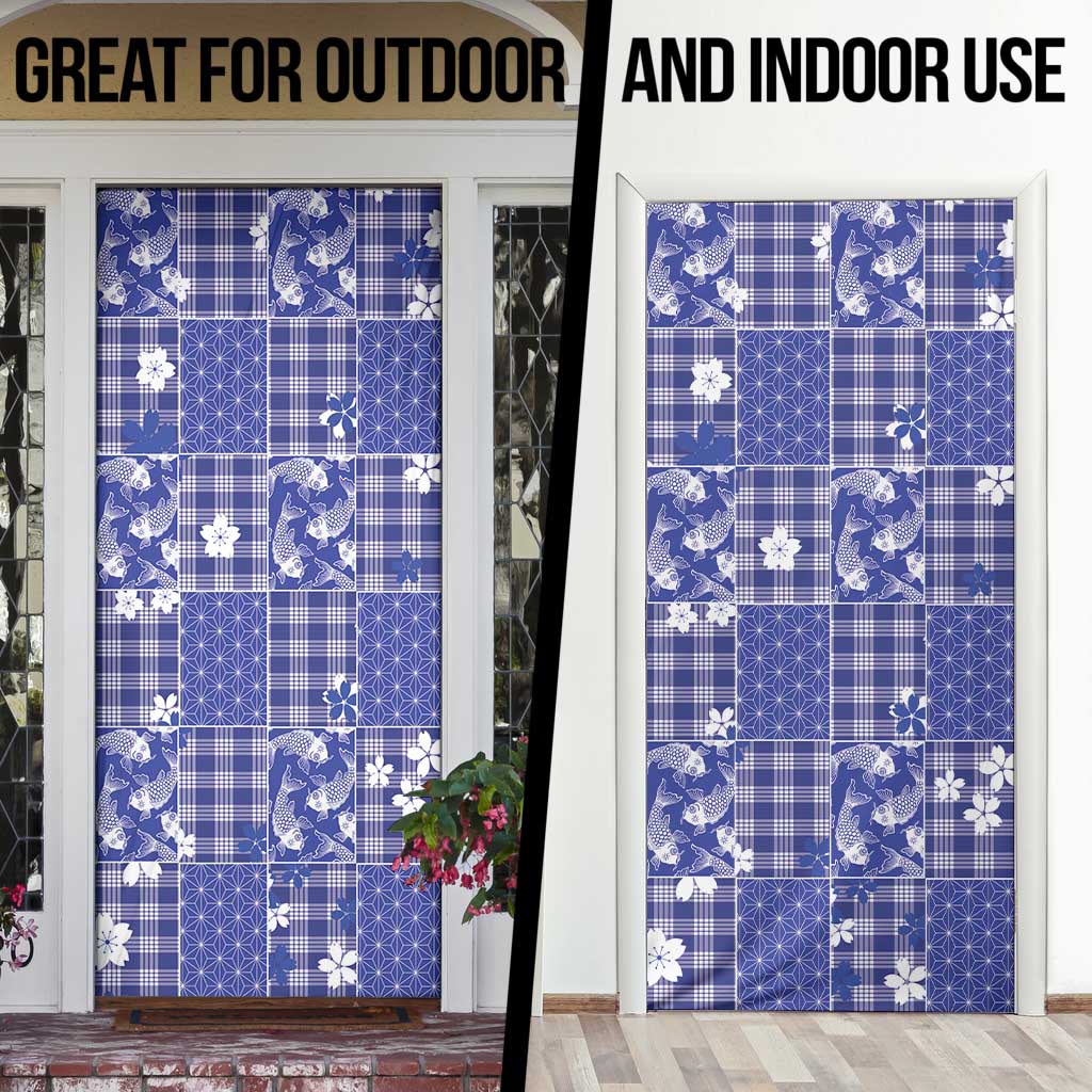 Blue Palaka Japanese Patterns Door Cover Koi Fish Asanoha Sakura Patchwork Stylized - Polynesian Pride