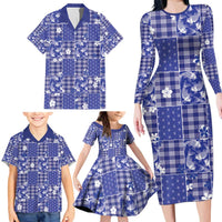 Blue Palaka Japanese Patterns Family Matching Long Sleeve Bodycon Dress and Hawaiian Shirt Koi Fish Asanoha Sakura Patchwork Stylized - Polynesian Pride
