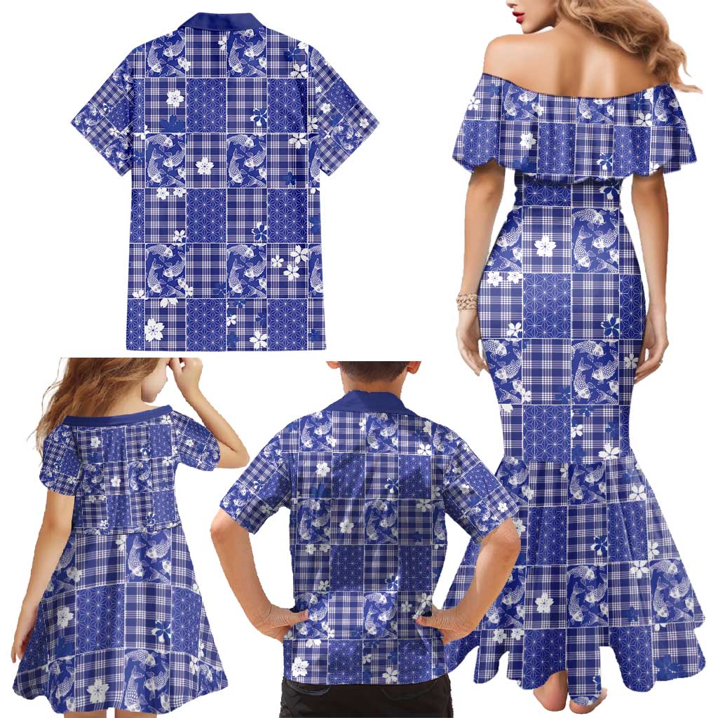 Blue Palaka Japanese Patterns Family Matching Mermaid Dress and Hawaiian Shirt Koi Fish Asanoha Sakura Patchwork Stylized - Polynesian Pride