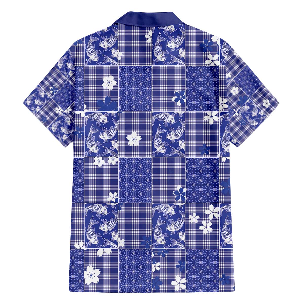 Blue Palaka Japanese Patterns Family Matching Off The Shoulder Long Sleeve Dress and Hawaiian Shirt Koi Fish Asanoha Sakura Patchwork Stylized - Polynesian Pride