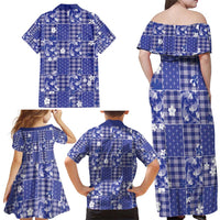 Blue Palaka Japanese Patterns Family Matching Off Shoulder Maxi Dress and Hawaiian Shirt Koi Fish Asanoha Sakura Patchwork Stylized - Polynesian Pride