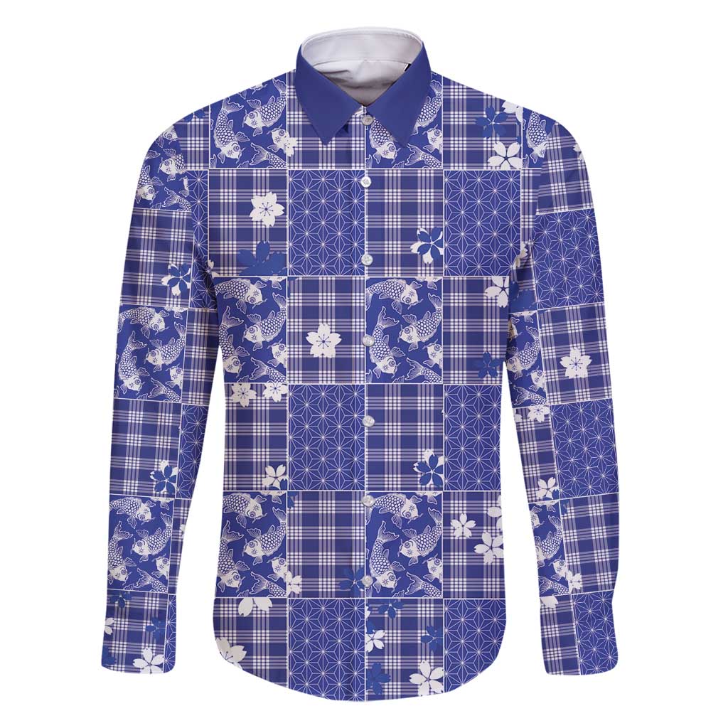 Blue Palaka Japanese Patterns Family Matching Off Shoulder Maxi Dress and Hawaiian Shirt Koi Fish Asanoha Sakura Patchwork Stylized - Polynesian Pride