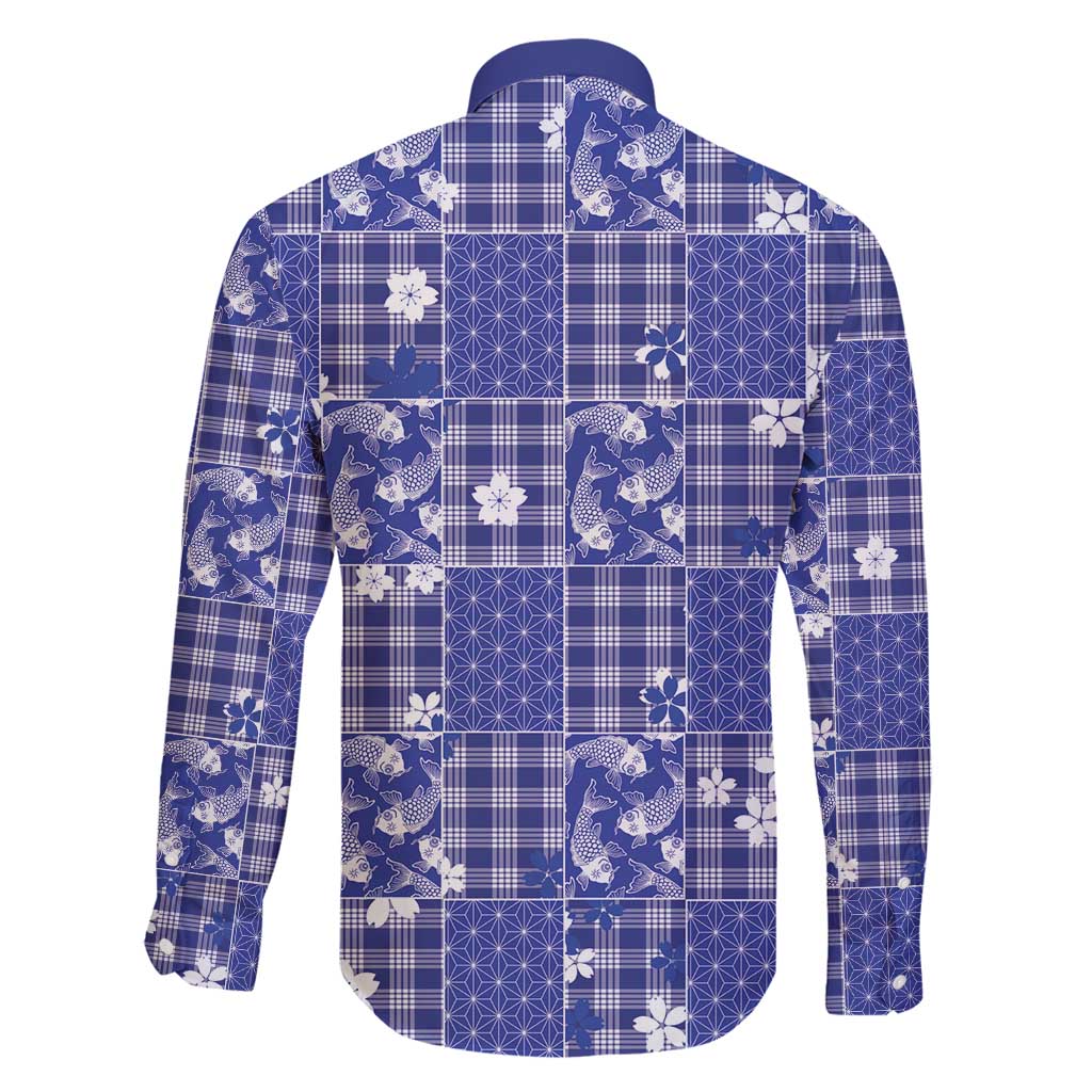 Blue Palaka Japanese Patterns Family Matching Off Shoulder Maxi Dress and Hawaiian Shirt Koi Fish Asanoha Sakura Patchwork Stylized - Polynesian Pride