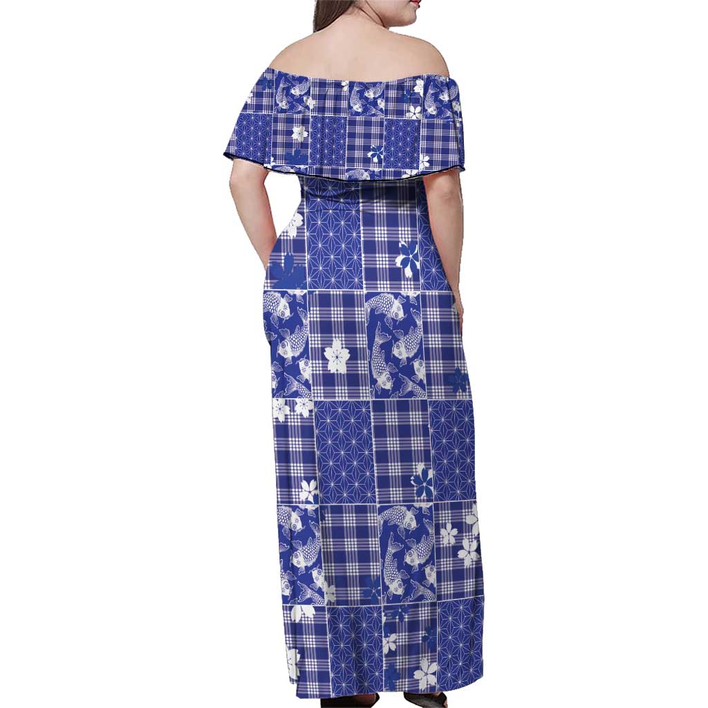Blue Palaka Japanese Patterns Family Matching Off Shoulder Maxi Dress and Hawaiian Shirt Koi Fish Asanoha Sakura Patchwork Stylized - Polynesian Pride