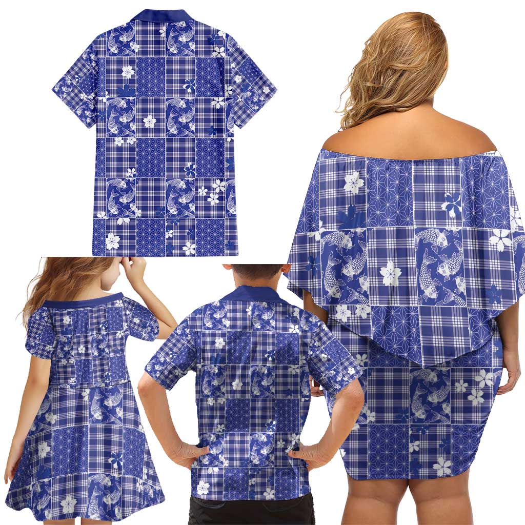 Blue Palaka Japanese Patterns Family Matching Off Shoulder Short Dress and Hawaiian Shirt Koi Fish Asanoha Sakura Patchwork Stylized - Polynesian Pride