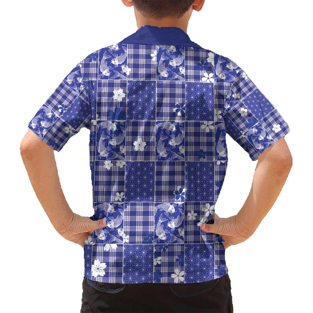 Blue Palaka Japanese Patterns Family Matching Puletasi and Hawaiian Shirt Koi Fish Asanoha Sakura Patchwork Stylized LT14 - Polynesian Pride