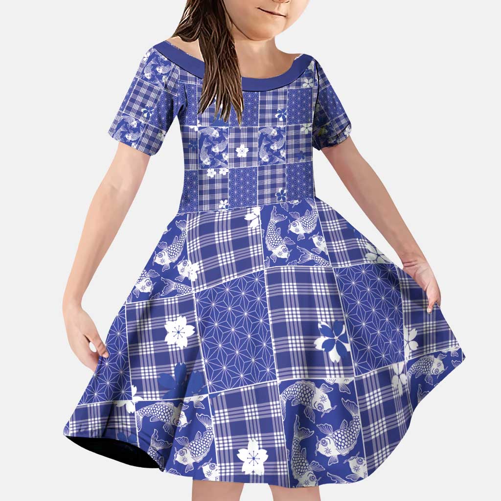 Blue Palaka Japanese Patterns Family Matching Puletasi and Hawaiian Shirt Koi Fish Asanoha Sakura Patchwork Stylized LT14 Daughter's Dress Blue - Polynesian Pride