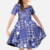 Blue Palaka Japanese Patterns Family Matching Puletasi and Hawaiian Shirt Koi Fish Asanoha Sakura Patchwork Stylized LT14 Daughter's Dress Blue - Polynesian Pride