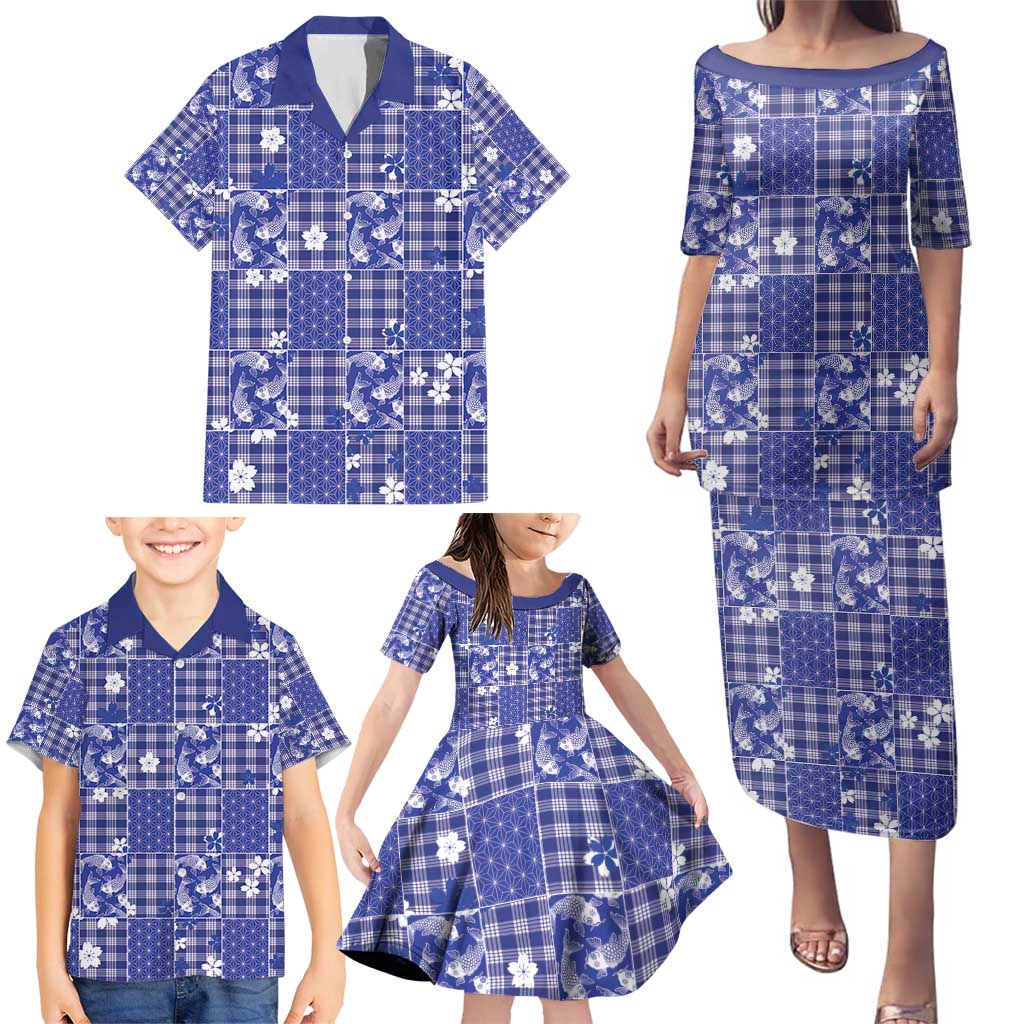 Blue Palaka Japanese Patterns Family Matching Puletasi and Hawaiian Shirt Koi Fish Asanoha Sakura Patchwork Stylized LT14 - Polynesian Pride