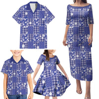 Blue Palaka Japanese Patterns Family Matching Puletasi and Hawaiian Shirt Koi Fish Asanoha Sakura Patchwork Stylized LT14 - Polynesian Pride