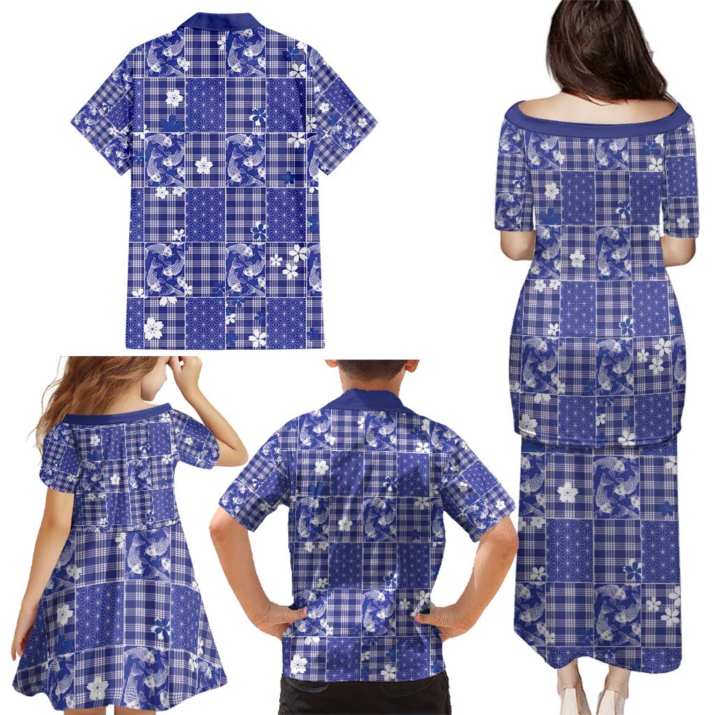 Blue Palaka Japanese Patterns Family Matching Puletasi and Hawaiian Shirt Koi Fish Asanoha Sakura Patchwork Stylized LT14 - Polynesian Pride