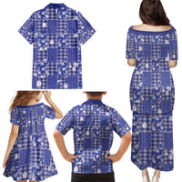 Blue Palaka Japanese Patterns Family Matching Puletasi and Hawaiian Shirt Koi Fish Asanoha Sakura Patchwork Stylized LT14 - Polynesian Pride