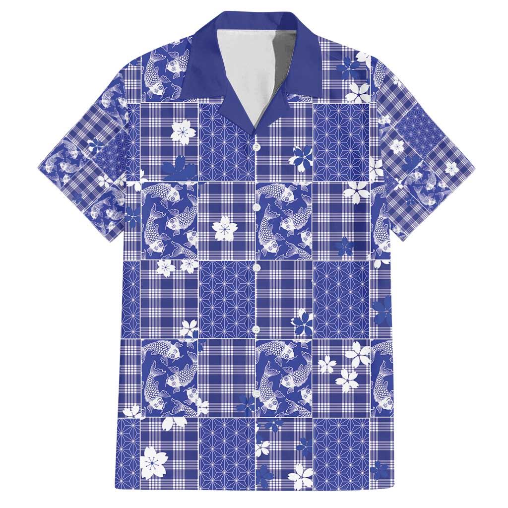 Blue Palaka Japanese Patterns Family Matching Puletasi and Hawaiian Shirt Koi Fish Asanoha Sakura Patchwork Stylized LT14 Dad's Shirt - Short Sleeve Blue - Polynesian Pride