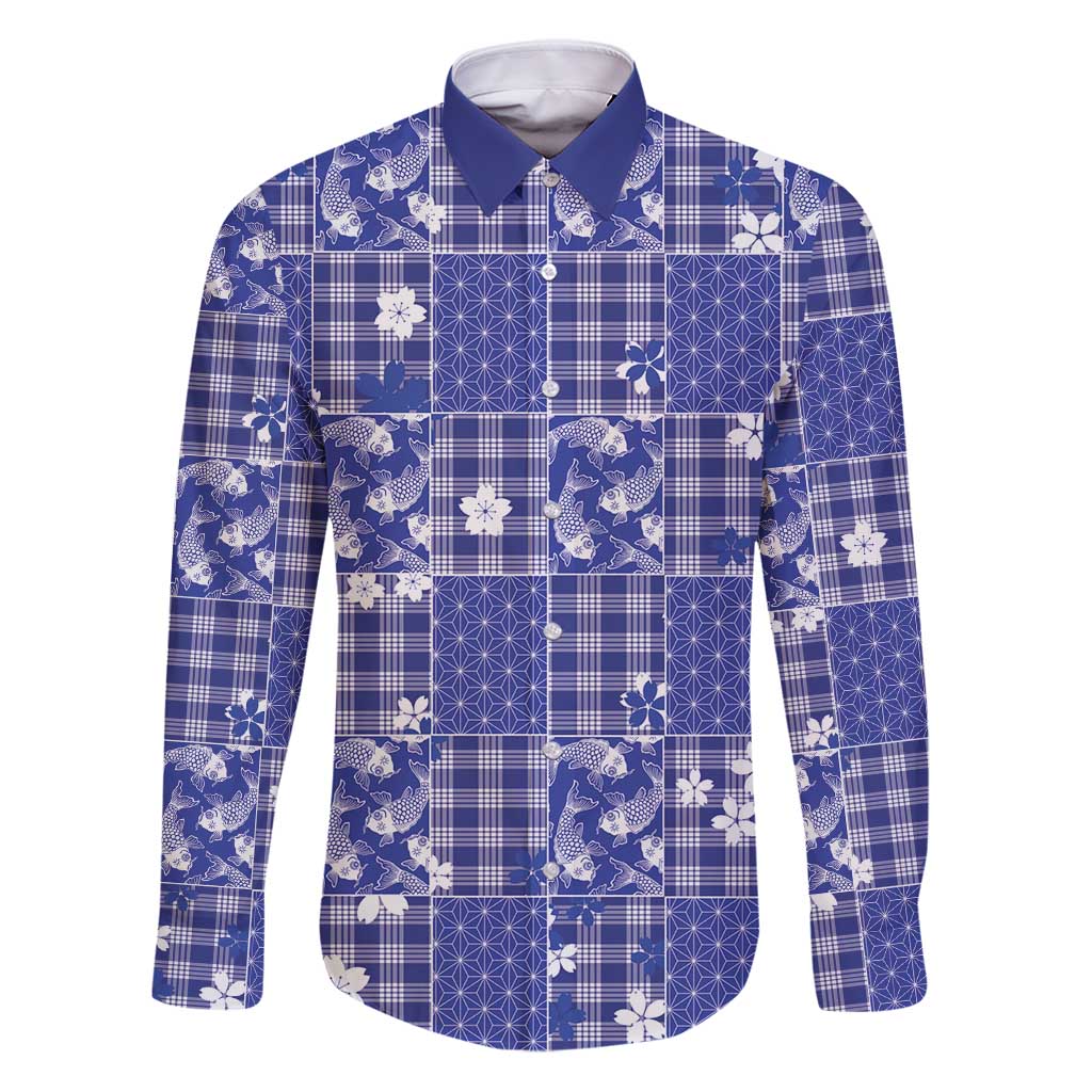 Blue Palaka Japanese Patterns Family Matching Puletasi and Hawaiian Shirt Koi Fish Asanoha Sakura Patchwork Stylized LT14 Dad's Shirt - Long Sleeve Blue - Polynesian Pride