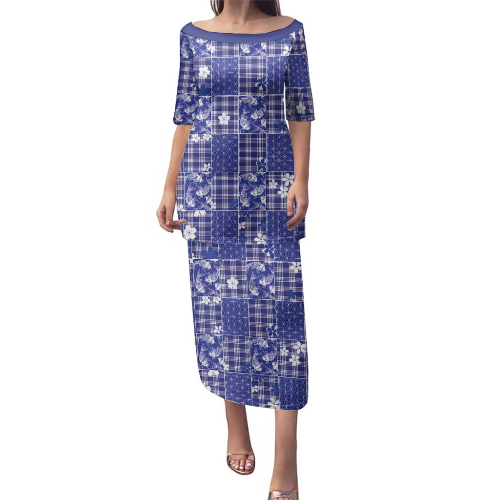 Blue Palaka Japanese Patterns Family Matching Puletasi and Hawaiian Shirt Koi Fish Asanoha Sakura Patchwork Stylized LT14 Mom's Dress Blue - Polynesian Pride