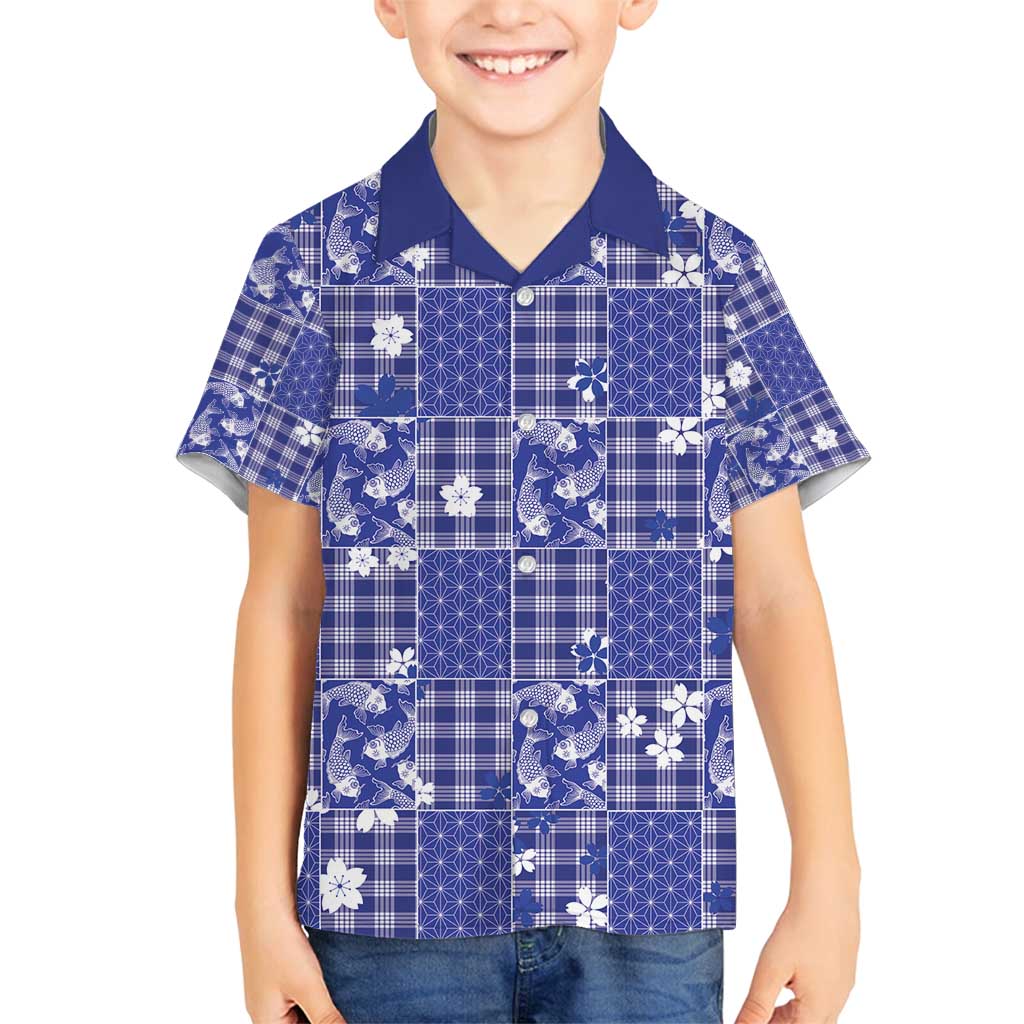 Blue Palaka Japanese Patterns Family Matching Puletasi and Hawaiian Shirt Koi Fish Asanoha Sakura Patchwork Stylized LT14 Son's Shirt Blue - Polynesian Pride