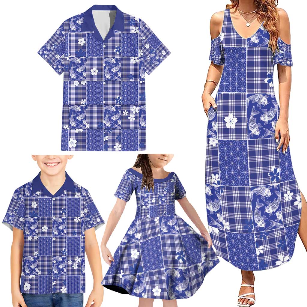 Blue Palaka Japanese Patterns Family Matching Summer Maxi Dress and Hawaiian Shirt Koi Fish Asanoha Sakura Patchwork Stylized - Polynesian Pride
