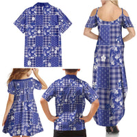 Blue Palaka Japanese Patterns Family Matching Summer Maxi Dress and Hawaiian Shirt Koi Fish Asanoha Sakura Patchwork Stylized - Polynesian Pride