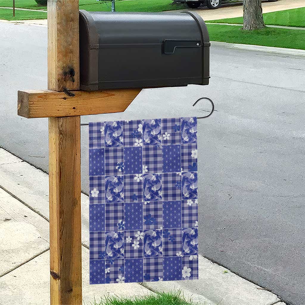 Blue Palaka Japanese Patterns Garden Flag Koi Fish Asanoha Sakura Patchwork Stylized - Polynesian Pride