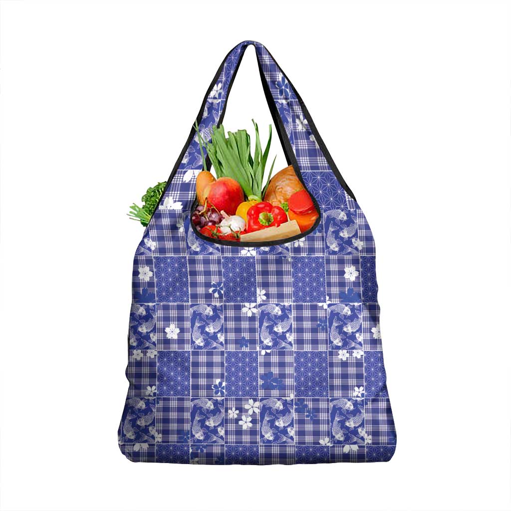 Blue Palaka Japanese Patterns Grocery Bag Koi Fish Asanoha Sakura Patchwork Stylized - Polynesian Pride