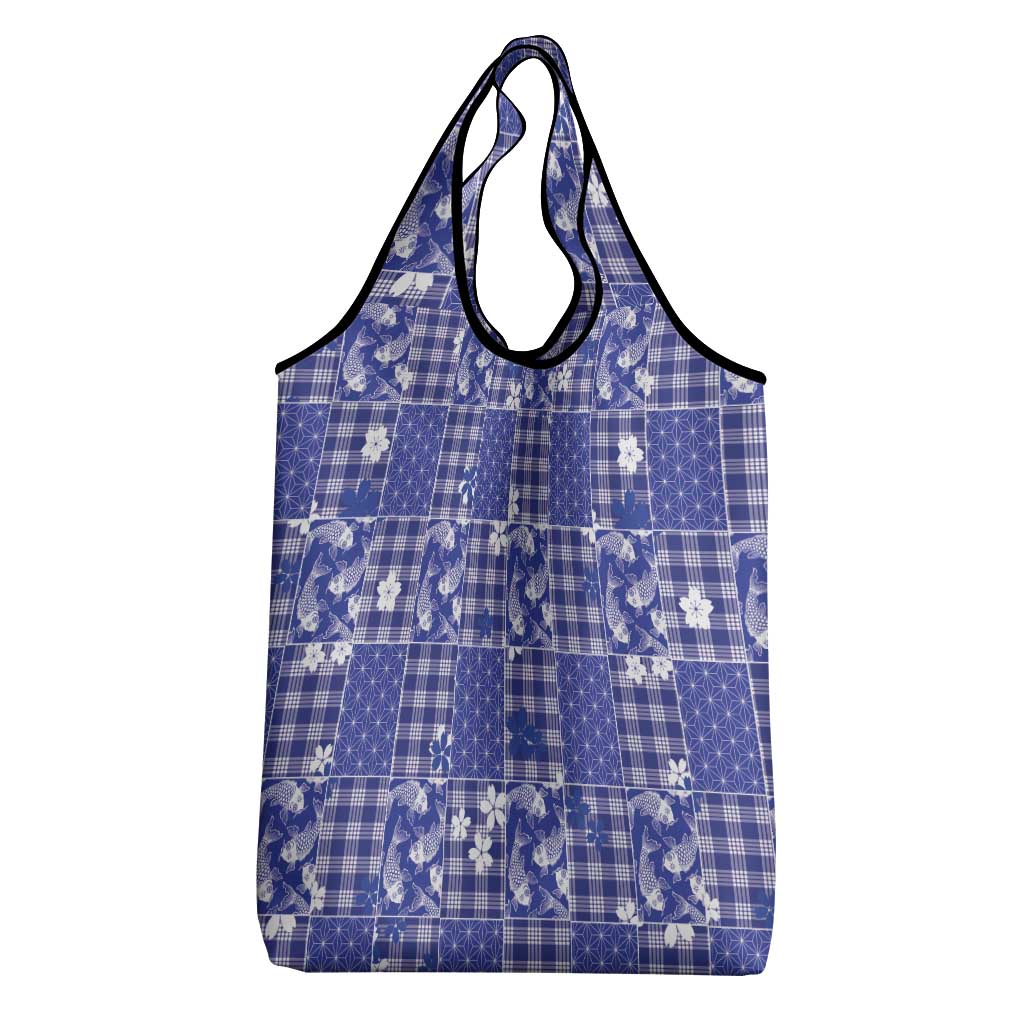 Blue Palaka Japanese Patterns Grocery Bag Koi Fish Asanoha Sakura Patchwork Stylized - Polynesian Pride