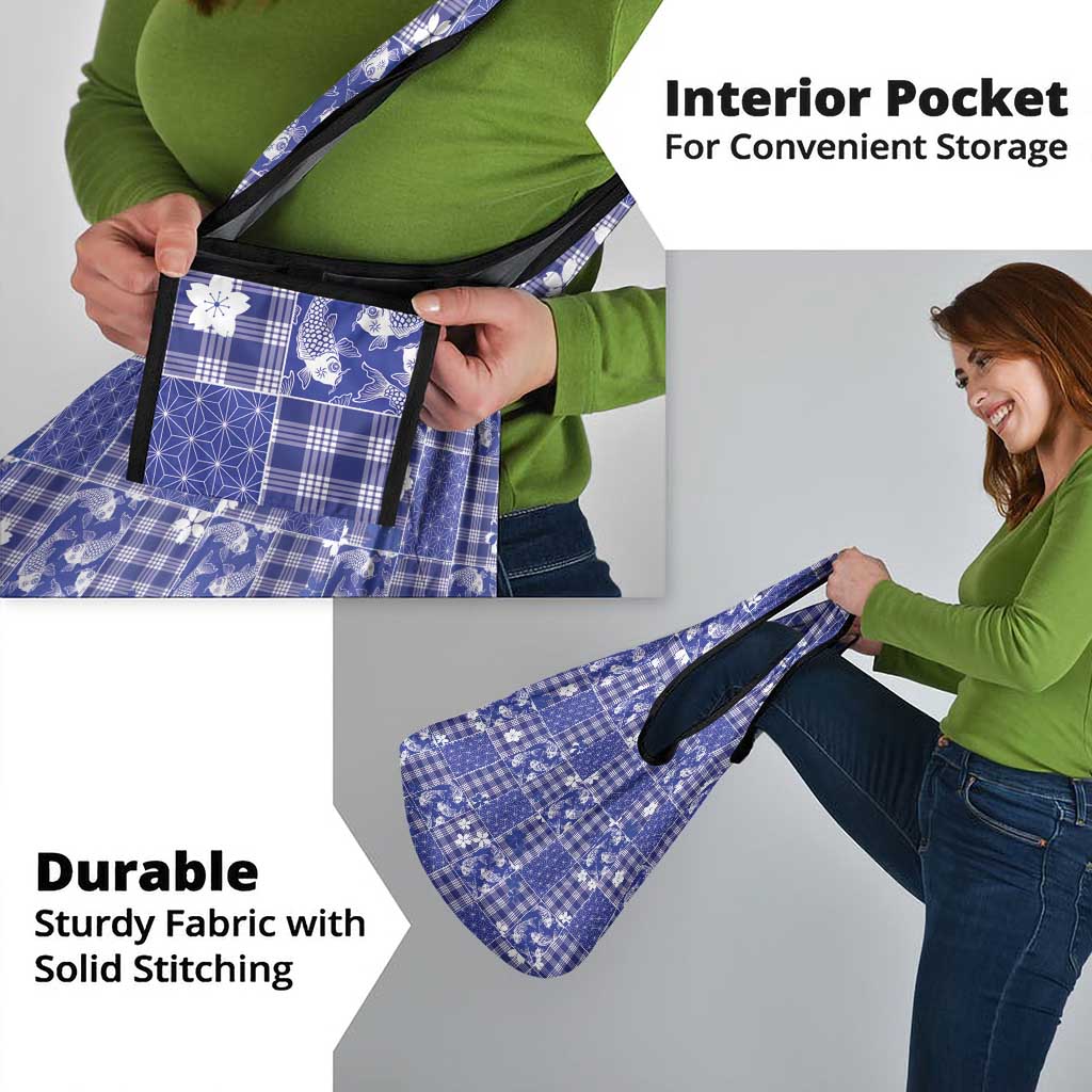 Blue Palaka Japanese Patterns Grocery Bag Koi Fish Asanoha Sakura Patchwork Stylized - Polynesian Pride