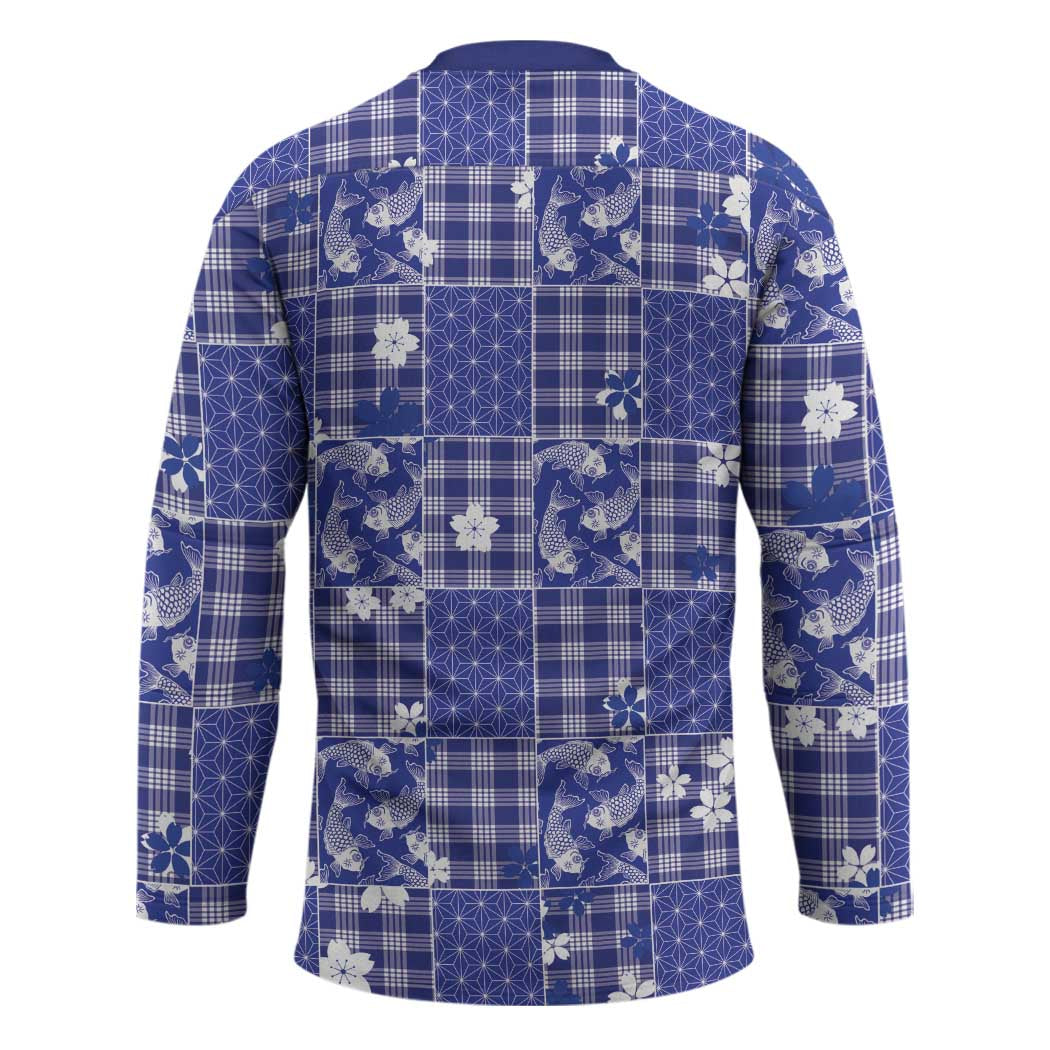 Blue Palaka Japanese Patterns Hockey Jersey Koi Fish Asanoha Sakura Patchwork Stylized - Polynesian Pride