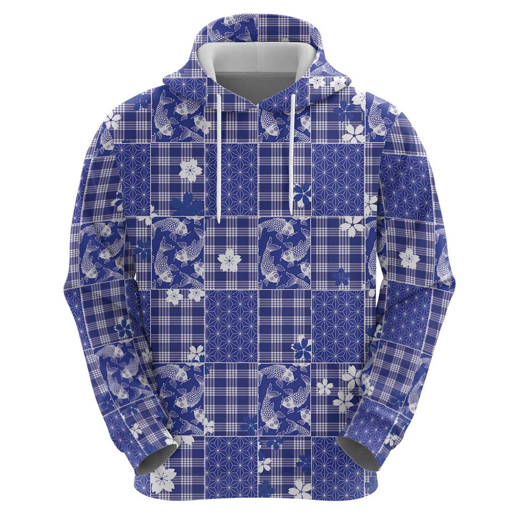 Blue Palaka Japanese Patterns Hoodie Koi Fish Asanoha Sakura Patchwork Stylized - Polynesian Pride