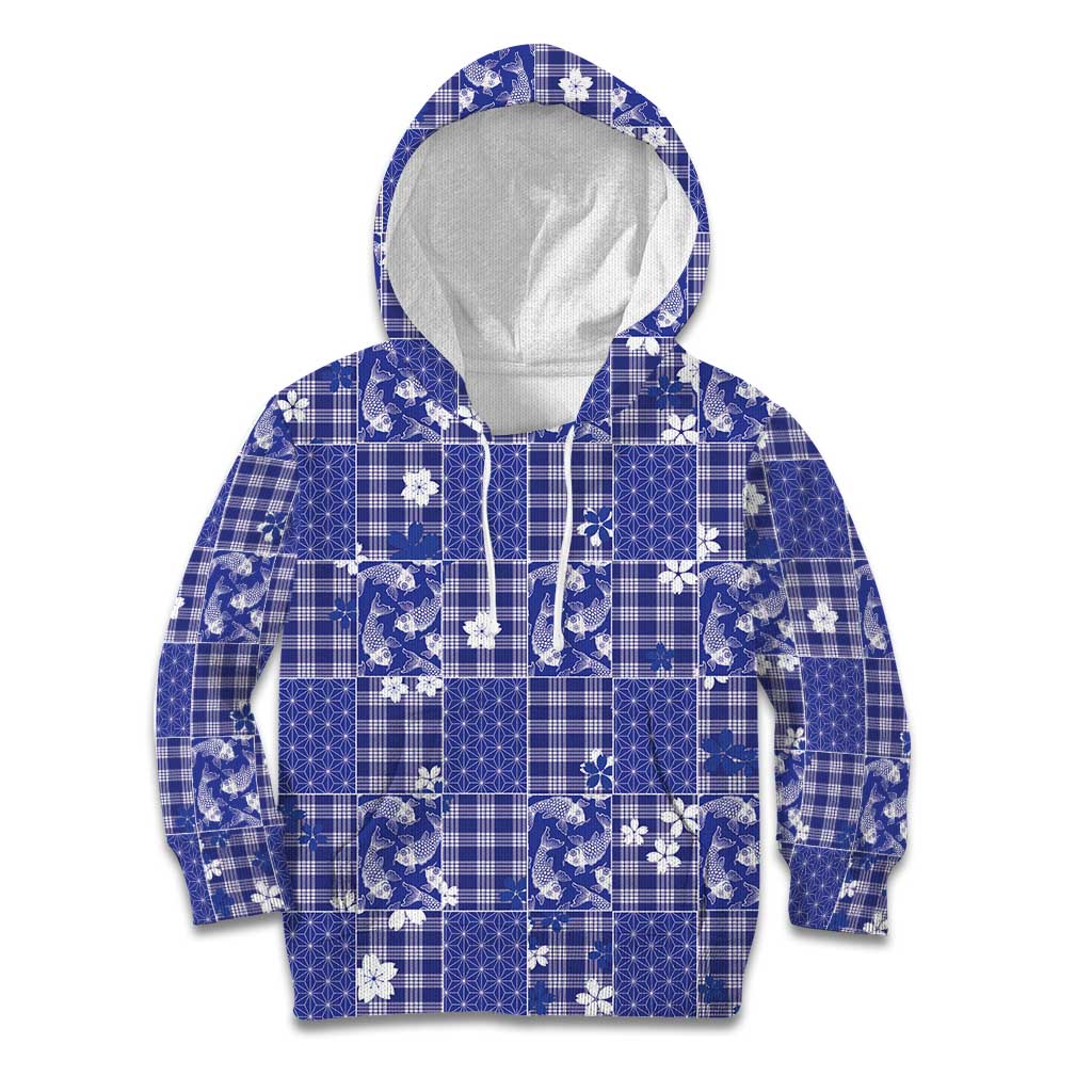 Blue Palaka Japanese Patterns Kid Hoodie Koi Fish Asanoha Sakura Patchwork Stylized - Polynesian Pride