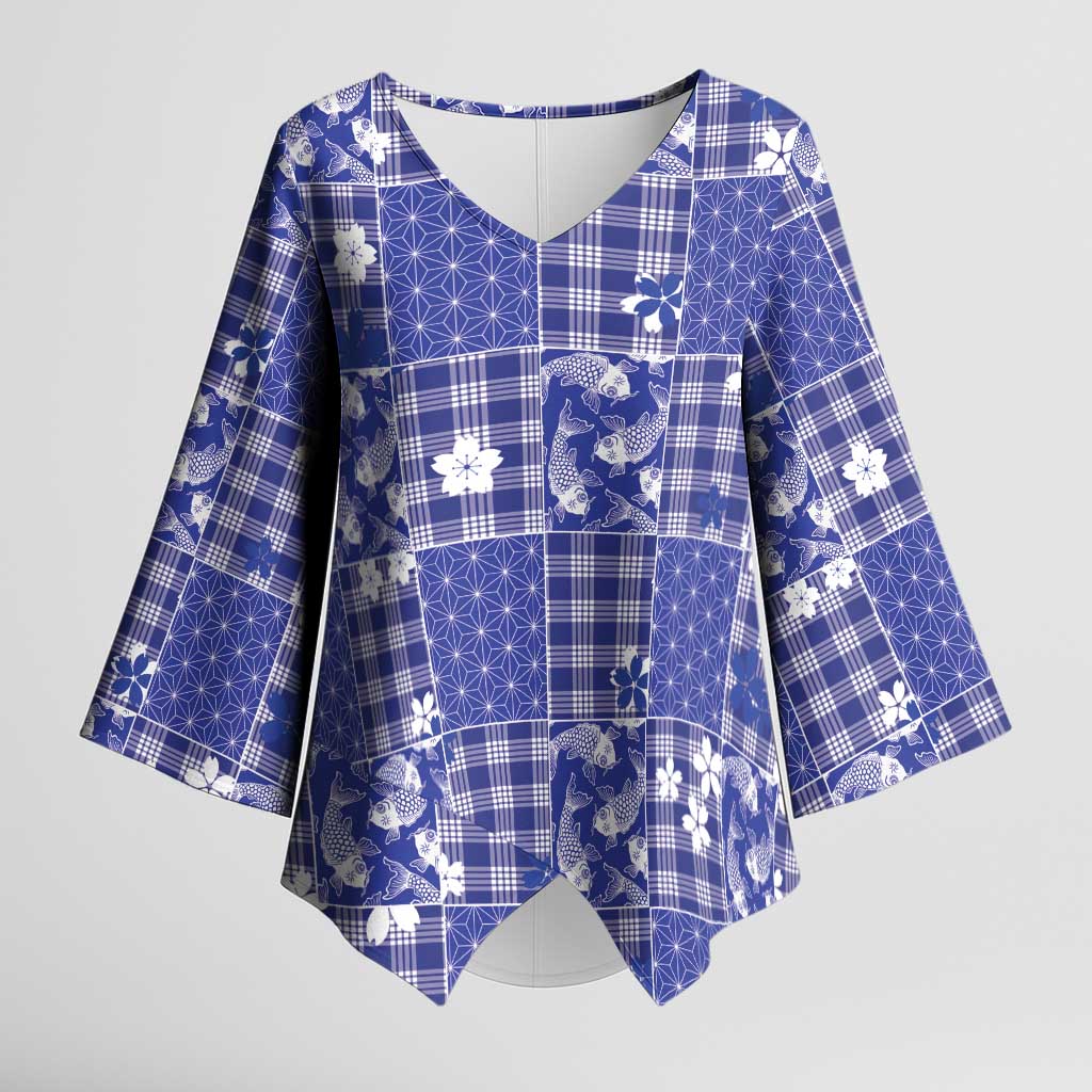 Blue Palaka Japanese Patterns Kimono Sleeve Blouse Koi Fish Asanoha Sakura Patchwork Stylized LT14 Female Blue - Polynesian Pride