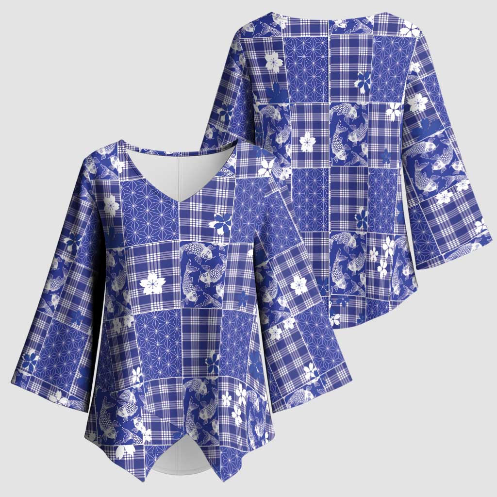 Blue Palaka Japanese Patterns Kimono Sleeve Blouse Koi Fish Asanoha Sakura Patchwork Stylized LT14 - Polynesian Pride
