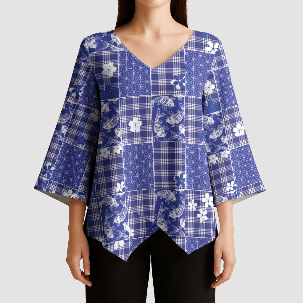 Blue Palaka Japanese Patterns Kimono Sleeve Blouse Koi Fish Asanoha Sakura Patchwork Stylized LT14 - Polynesian Pride