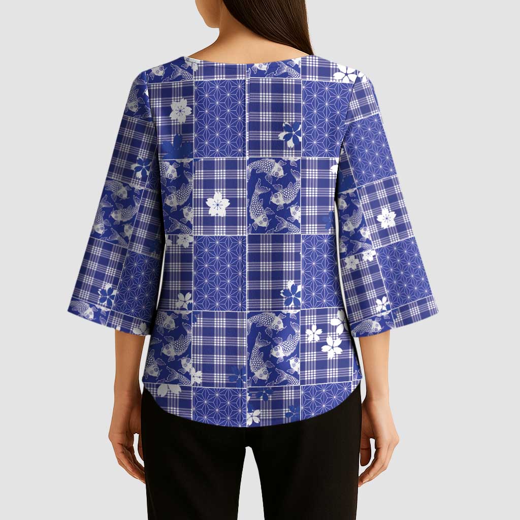Blue Palaka Japanese Patterns Kimono Sleeve Blouse Koi Fish Asanoha Sakura Patchwork Stylized LT14 - Polynesian Pride