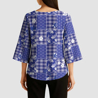 Blue Palaka Japanese Patterns Kimono Sleeve Blouse Koi Fish Asanoha Sakura Patchwork Stylized LT14 - Polynesian Pride